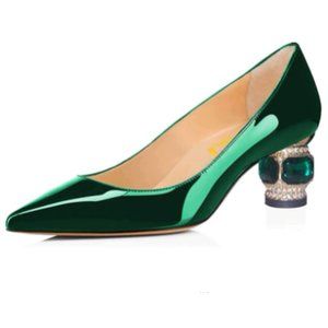 FSJ Green Pointed Toe Crystal Heel Wedding Pump